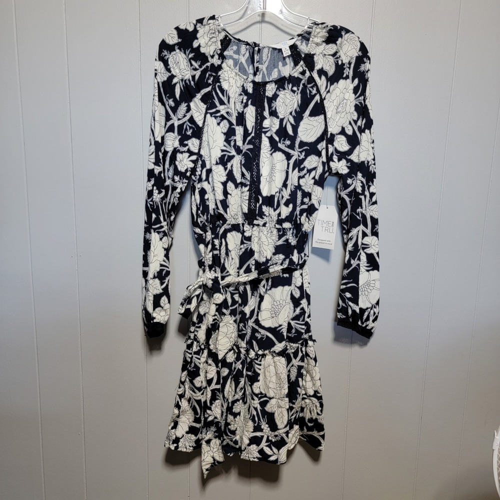 Time and Tru Womens Navy Blue White Floral Mini Dress Long Sleeve Pockets M 8-10